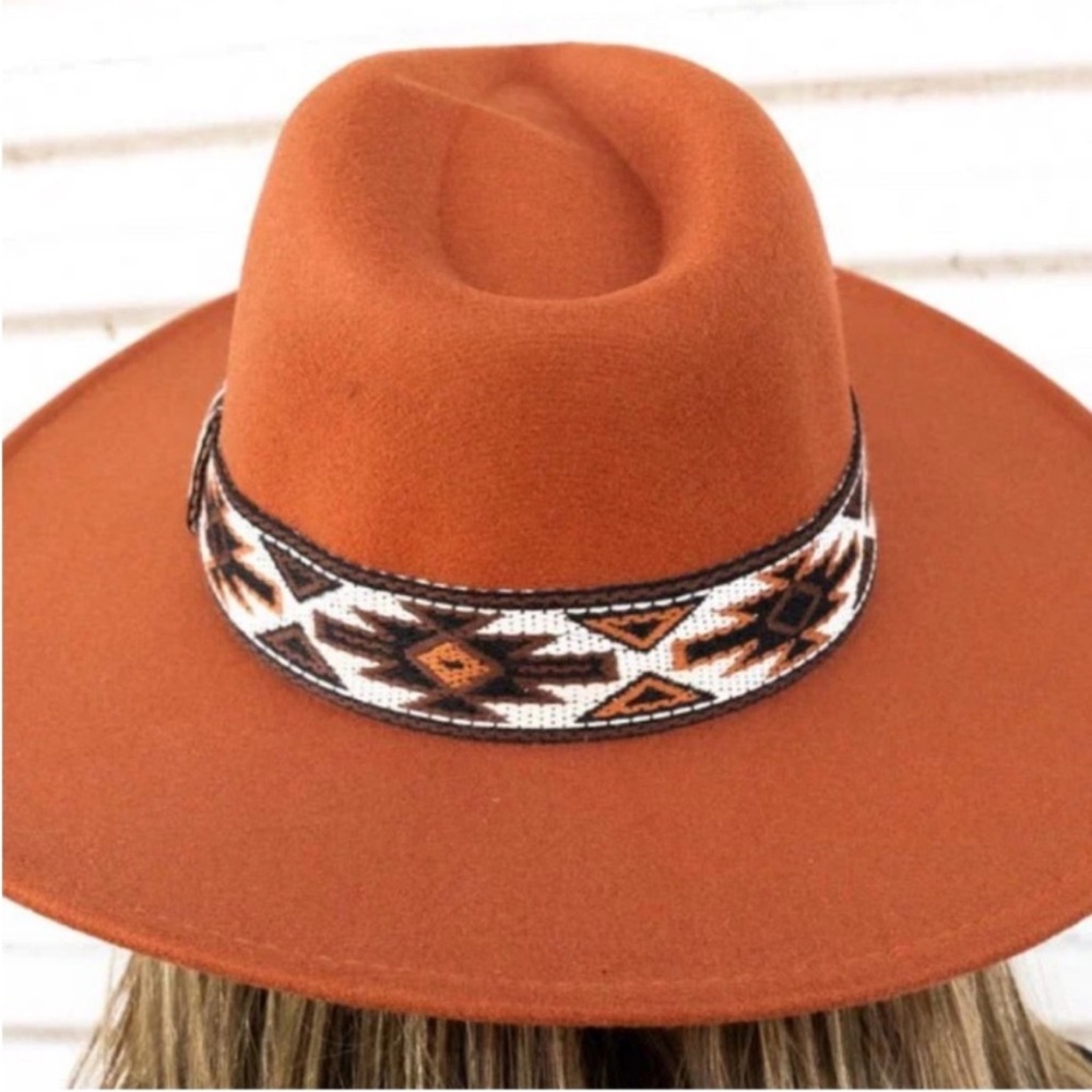Rust Fedora style Hat Southwestern Patterned Band Stagecoach Wide Brim - Picture 2 of 8